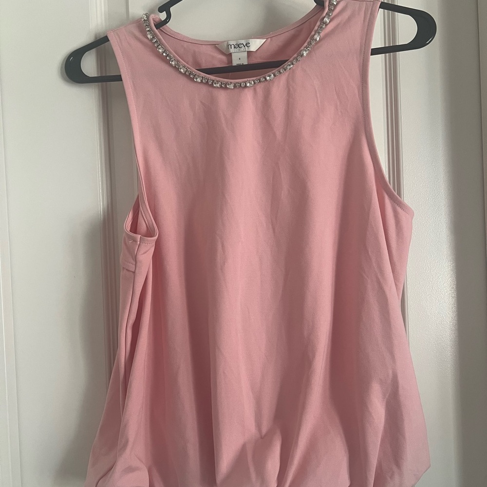 Maeve Pink Sleeveless Blouse with Beaded Neckline